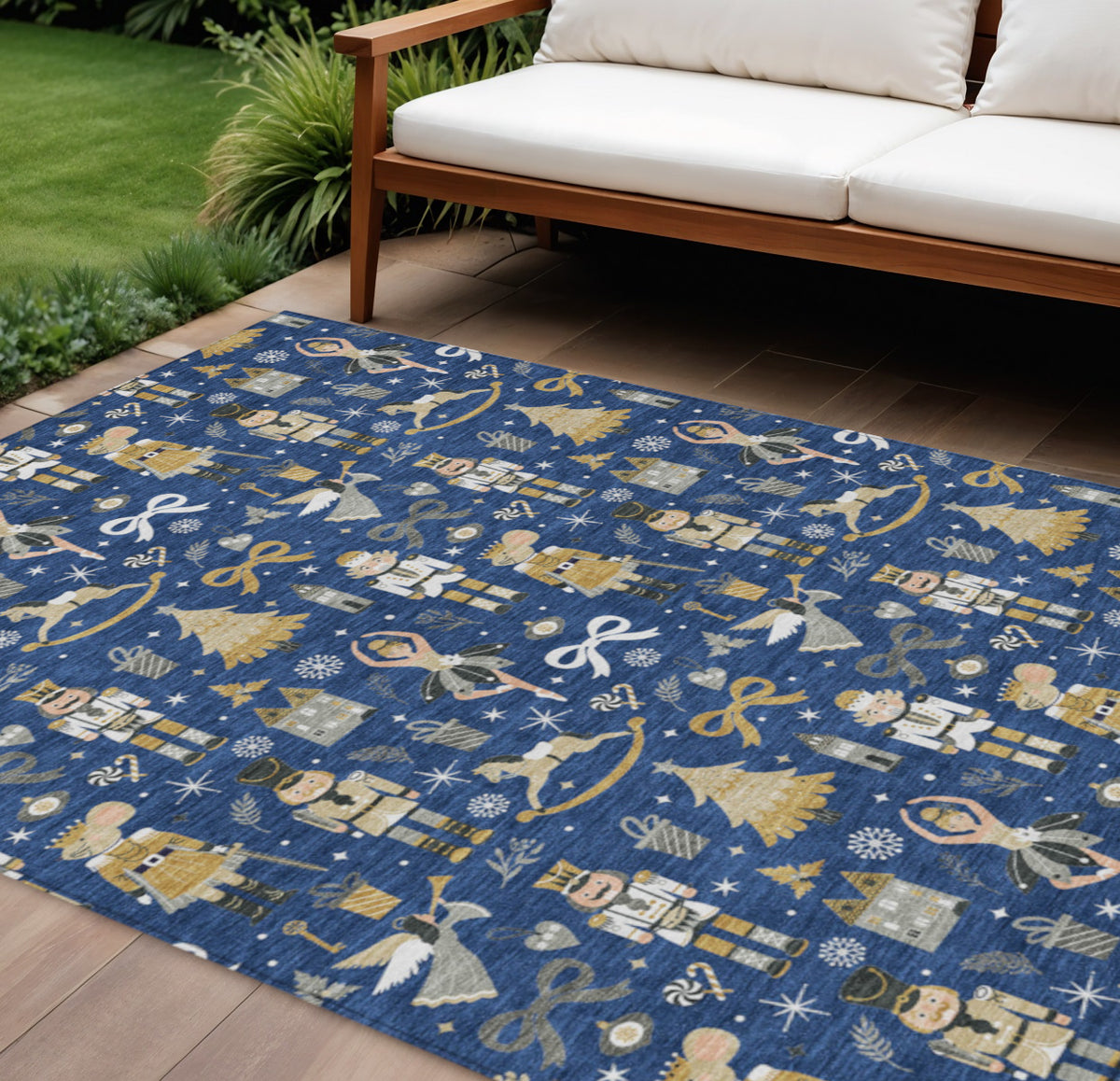 10 X 14 Navy Blue Gold Black And Gray Nutcracker Washable Indoor Outdoor Area Rug