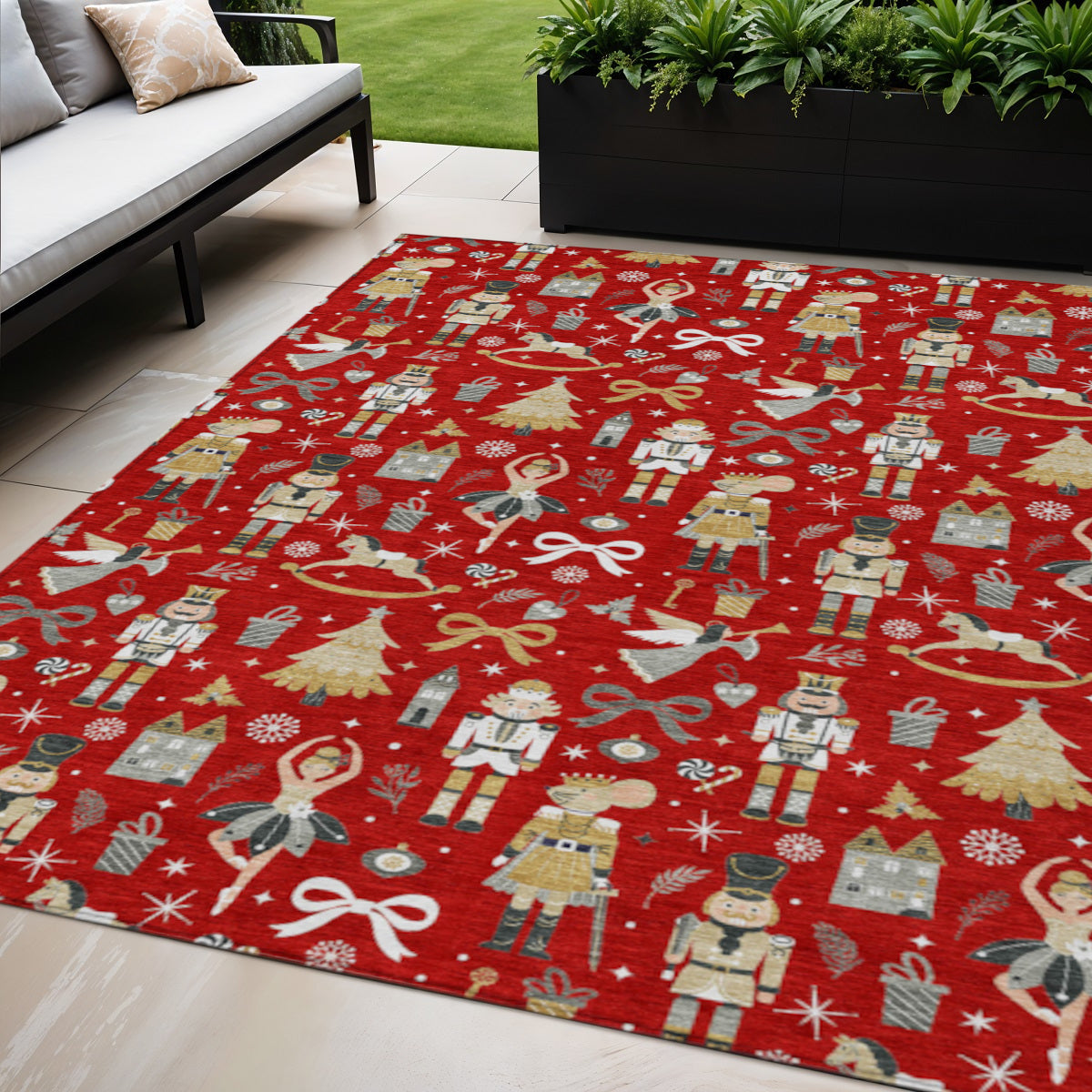 5 X 8 Red Gold Black And Gray Nutcracker Washable Indoor Outdoor Area Rug