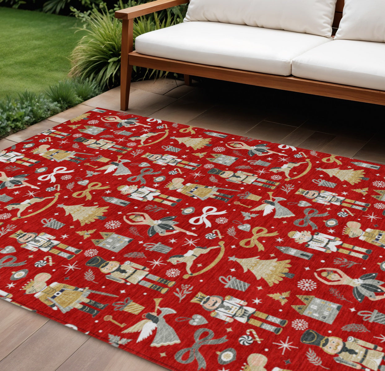 10 X 14 Red Gold Black And Gray Nutcracker Washable Indoor Outdoor Area Rug