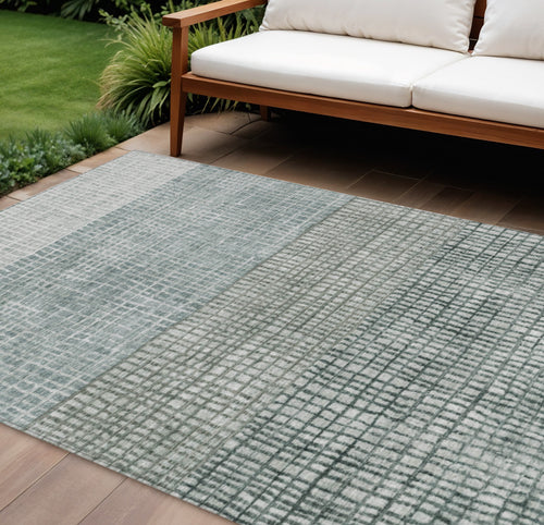 10 X 14 Aqua And Gray Geometric Washable Indoor Outdoor Area Rug