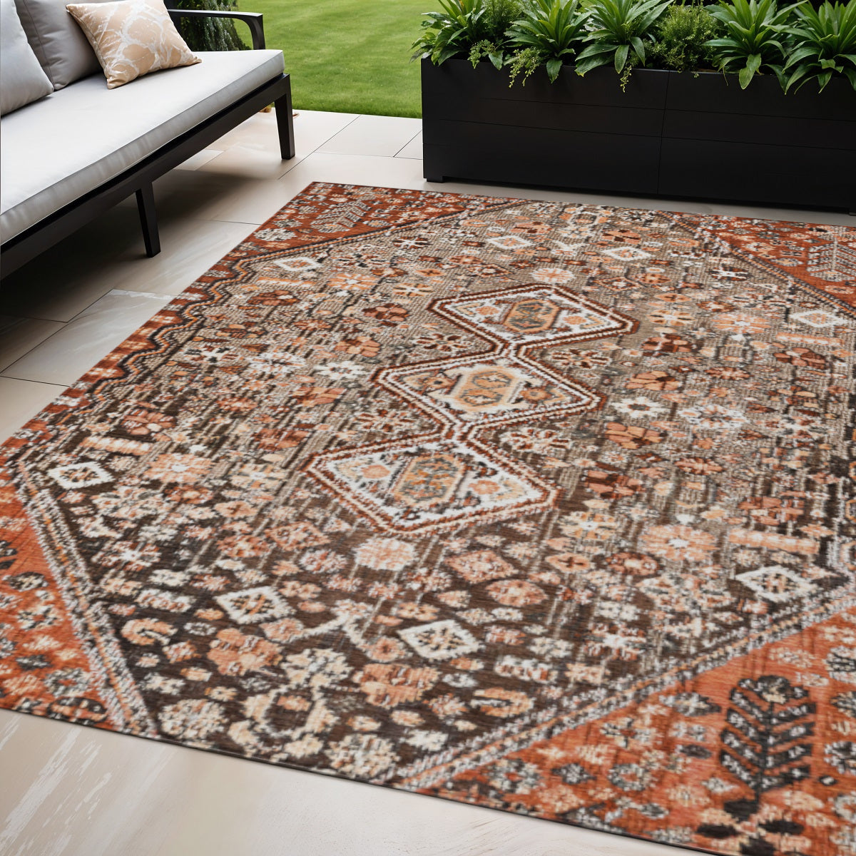 5 X 8 Brown And Ivory Aztec Washable Indoor Outdoor Area Rug