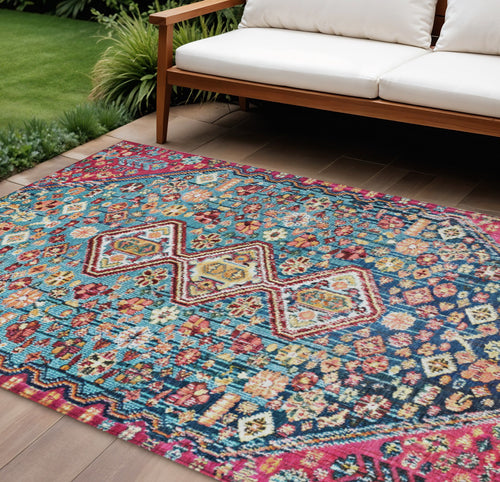 10 X 14 Teal Blue And Merlot Aztec Washable Indoor Outdoor Area Rug