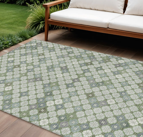 10 X 14 Mint Green Gray And Ivory Geometric Washable Indoor Outdoor Area Rug