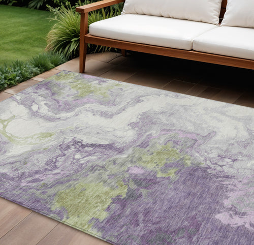 10 X 14 Lavender And Fern Green Abstract Washable Indoor Outdoor Area Rug