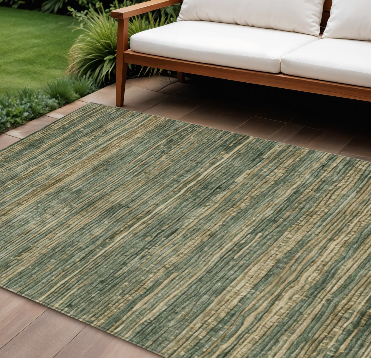 8 X 10 Fern Green And Charcoal Striped Washable Indoor Outdoor Area Rug