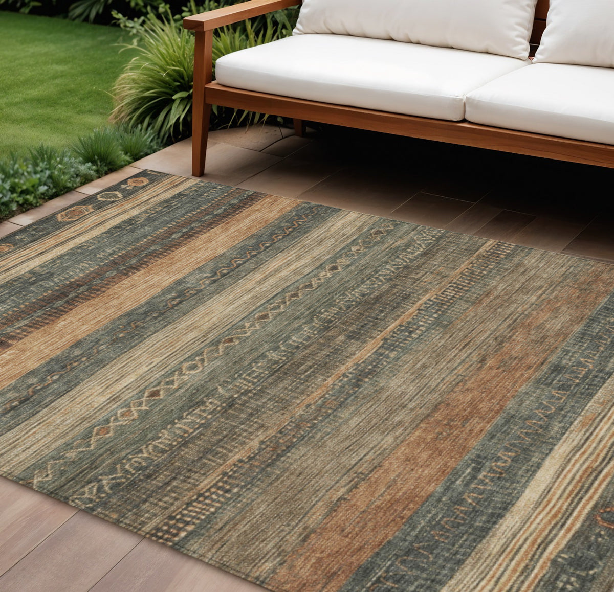 9 X 12 Fern Green And Rust Aztec Washable Indoor Outdoor Area Rug