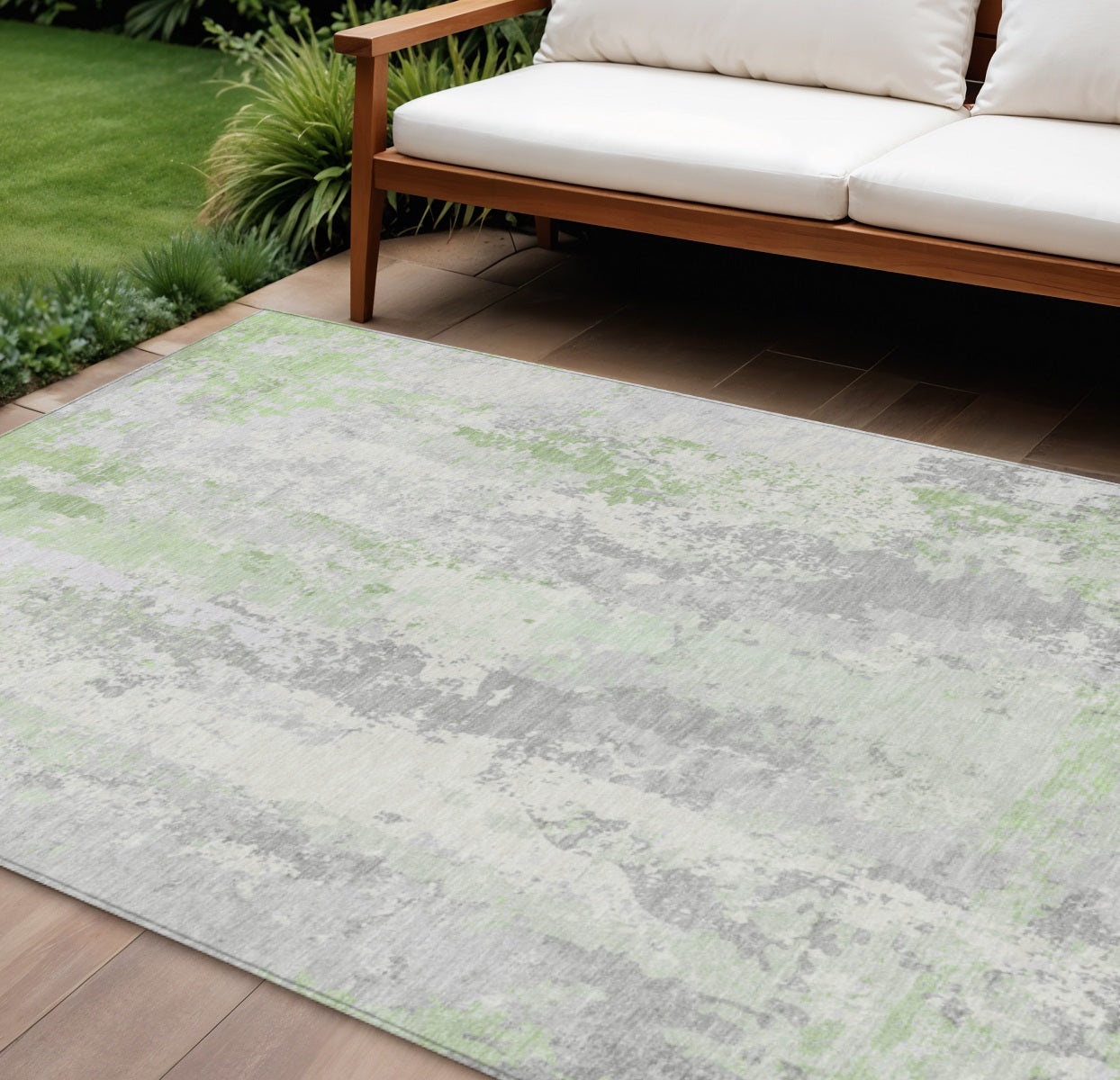 8 X 10 Artichoke Green And Ivory Abstract Washable Indoor Outdoor Area Rug