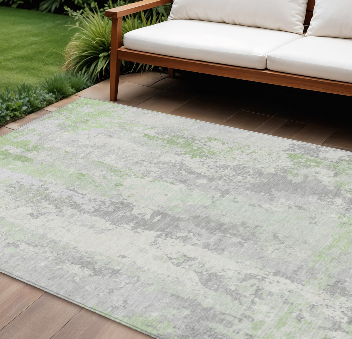 9 X 12 Artichoke Green And Ivory Abstract Washable Indoor Outdoor Area Rug