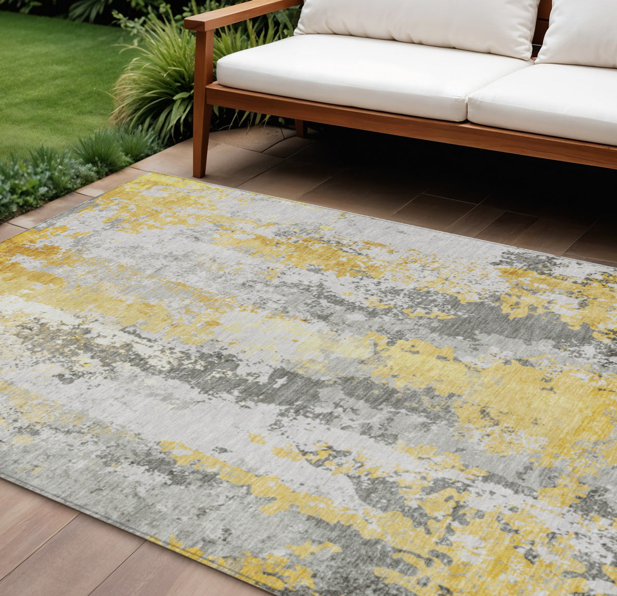 10 X 14 Yellow And Ivory Abstract Washable Indoor Outdoor Area Rug