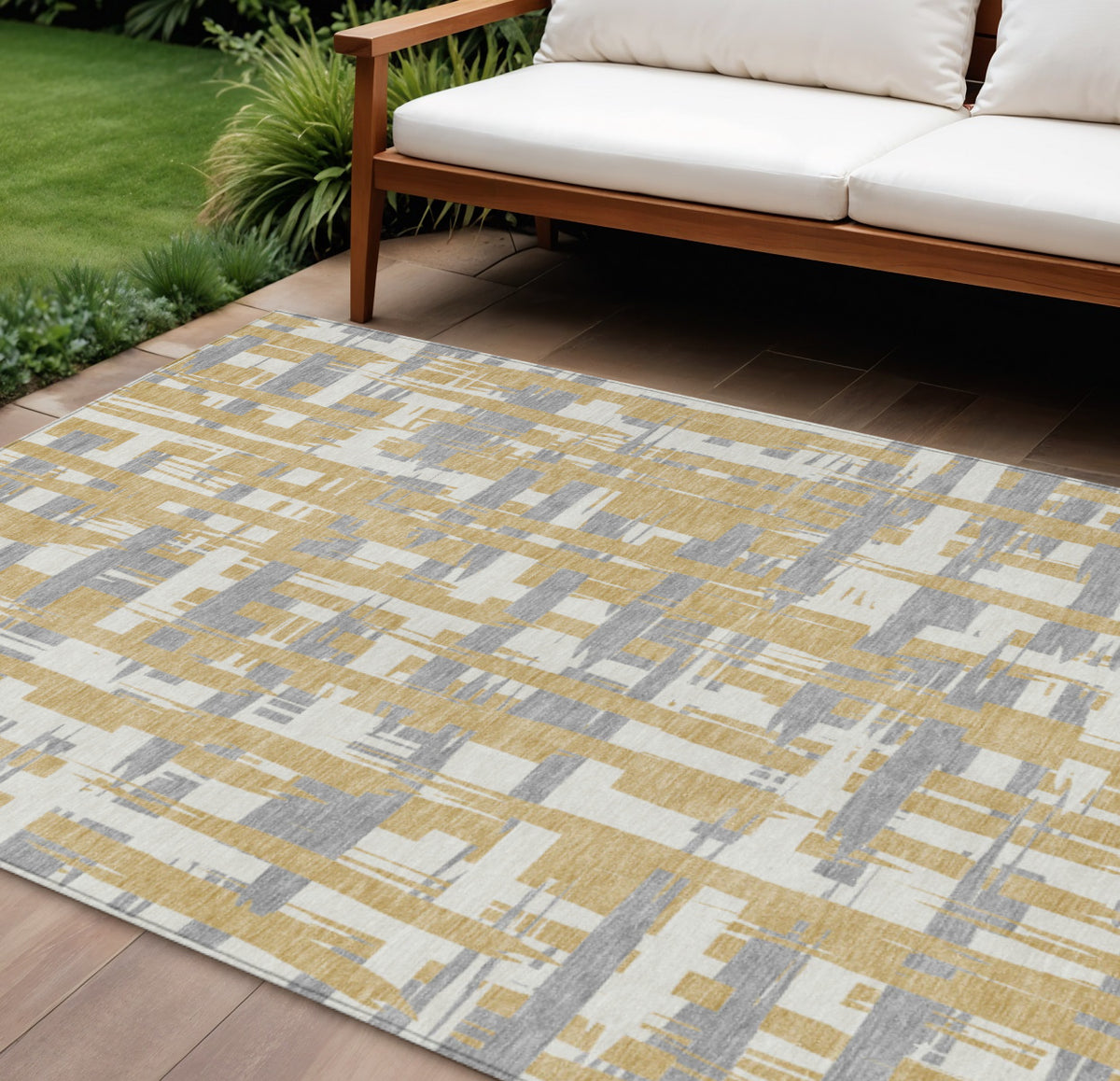 9 X 12 Gold Ivory And Gray Striped Washable Indoor Outdoor Area Rug