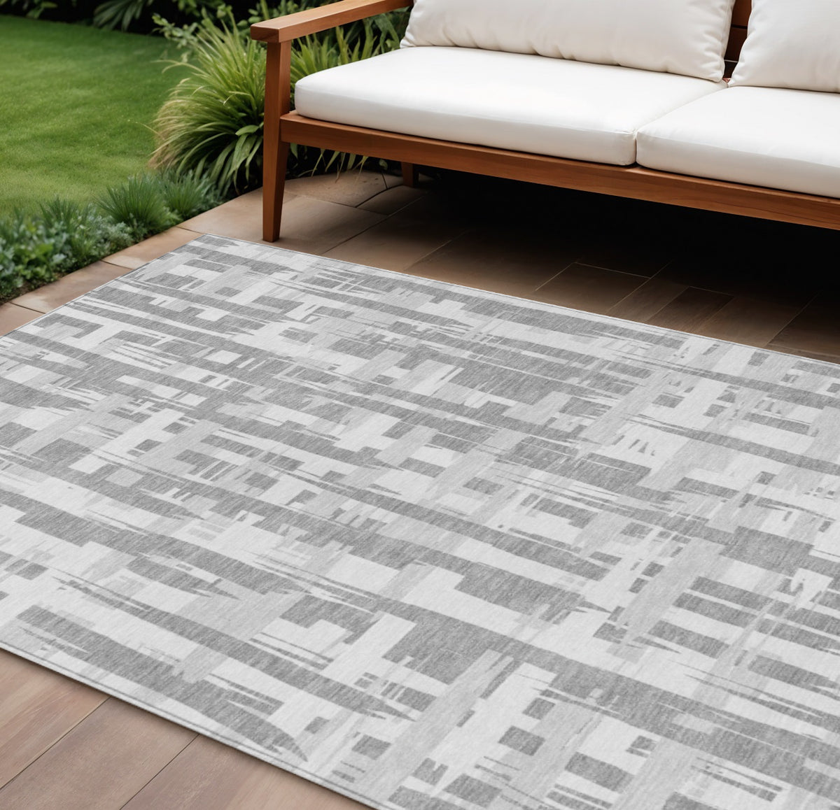 10 X 14 Gray Silver And Ivory Striped Washable Indoor Outdoor Area Rug