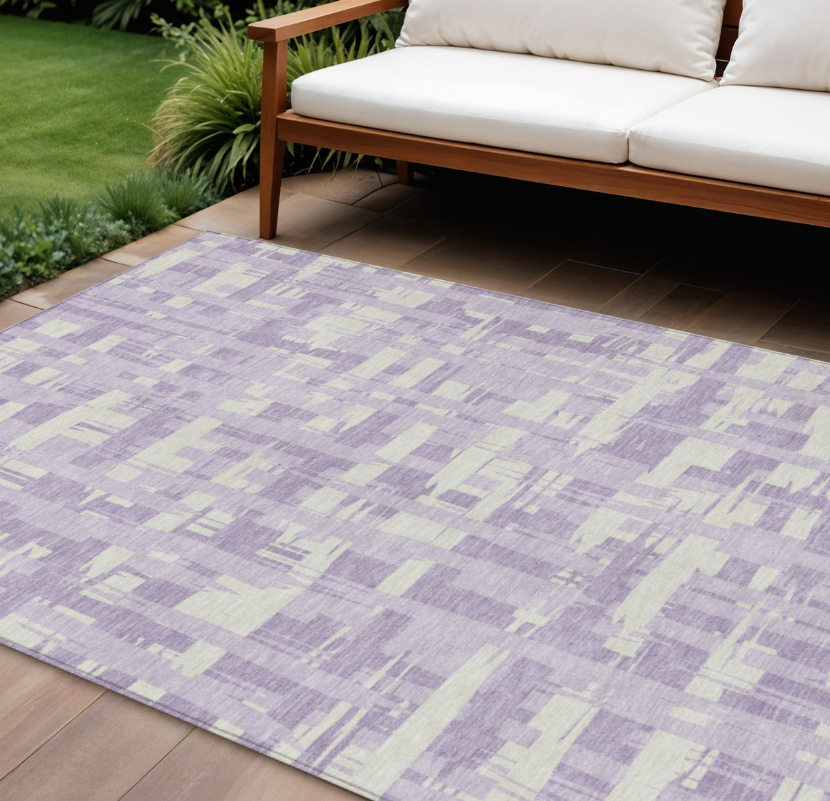 8 X 10 Lavender Lilac And Ivory Striped Washable Indoor Outdoor Area Rug