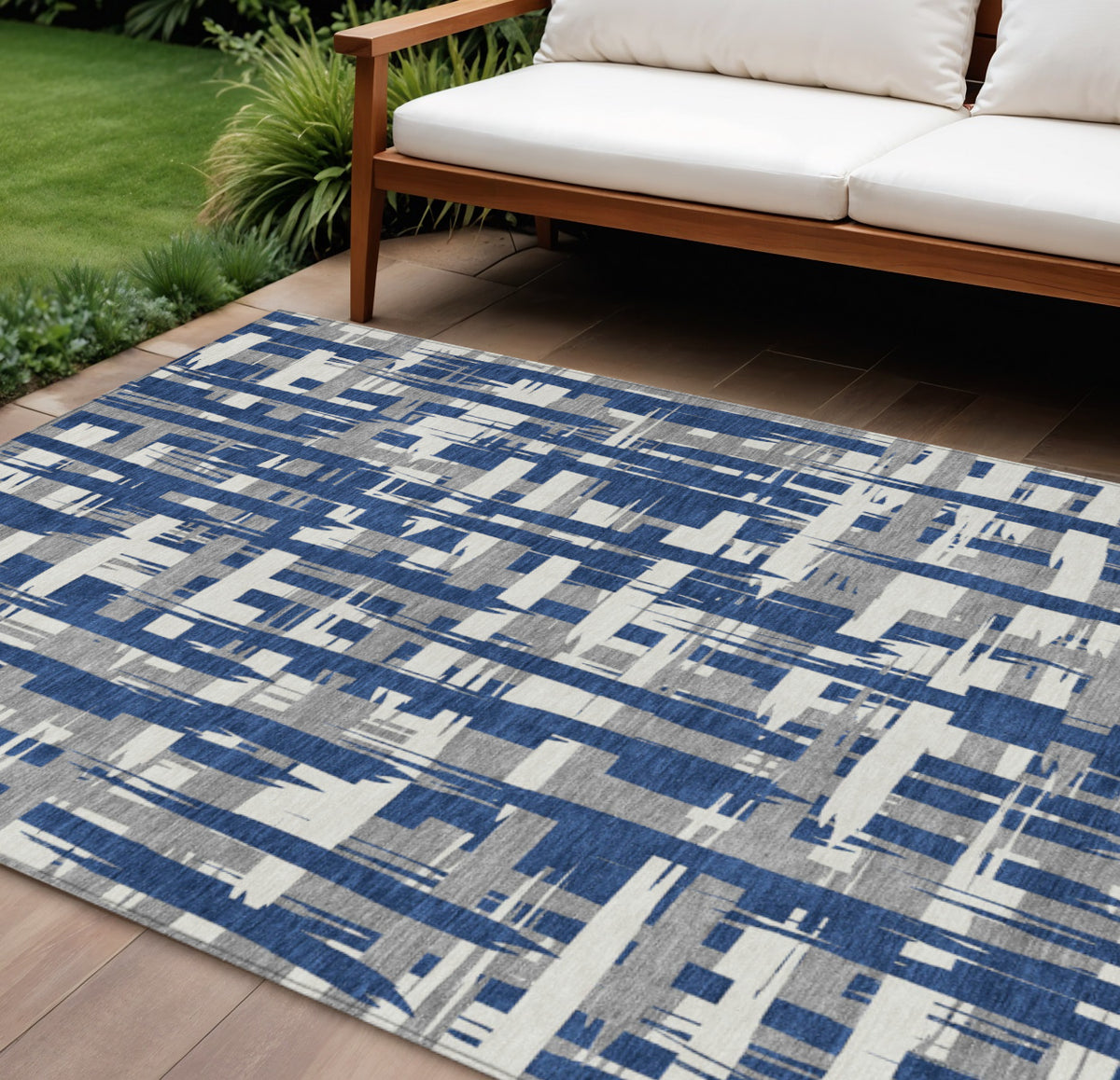 9 X 12 Navy Blue Gray And Ivory Striped Washable Indoor Outdoor Area Rug