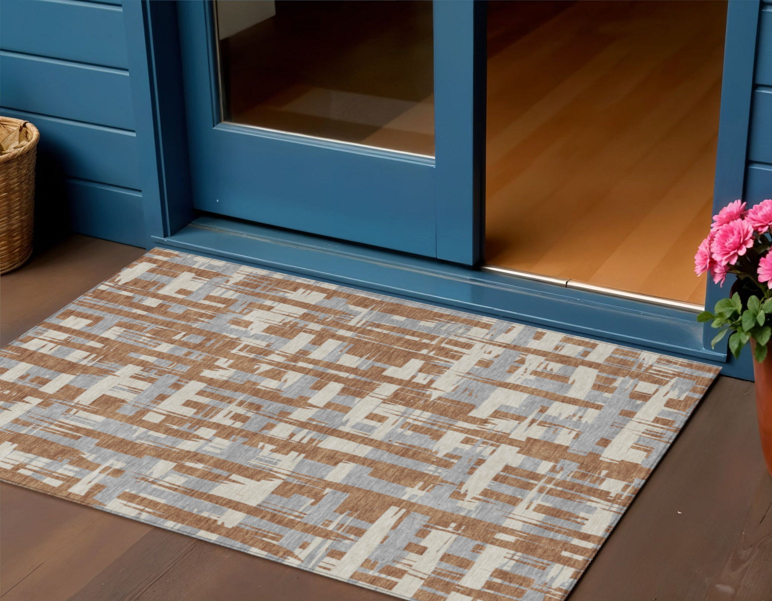 3 X 5 Rust Gray And Ivory Striped Washable Indoor Outdoor Area Rug