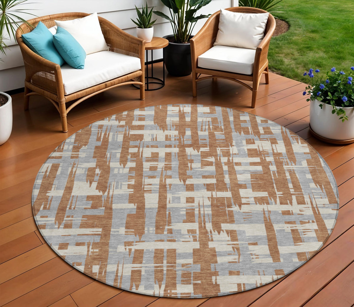 8 Rust Gray And Ivory Round Striped Washable Indoor Outdoor Area Rug