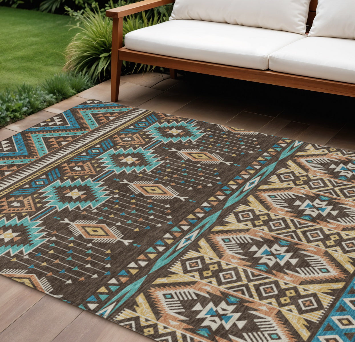 10 X 14 Brown Teal Blue And Coral Aztec Washable Indoor Outdoor Area Rug