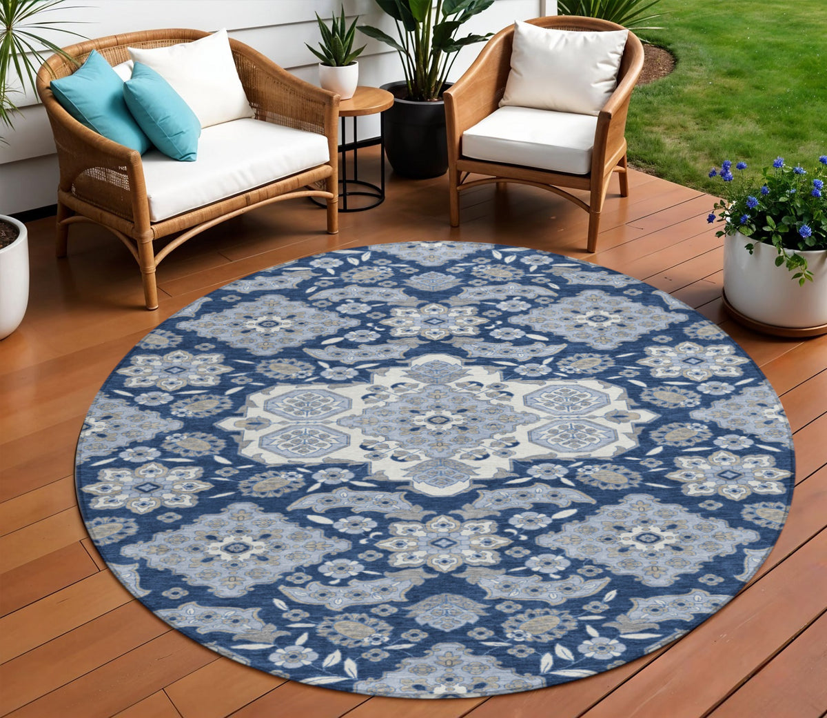 8 Blue Ivory And Gray Round Medallion Washable Indoor Outdoor Area Rug