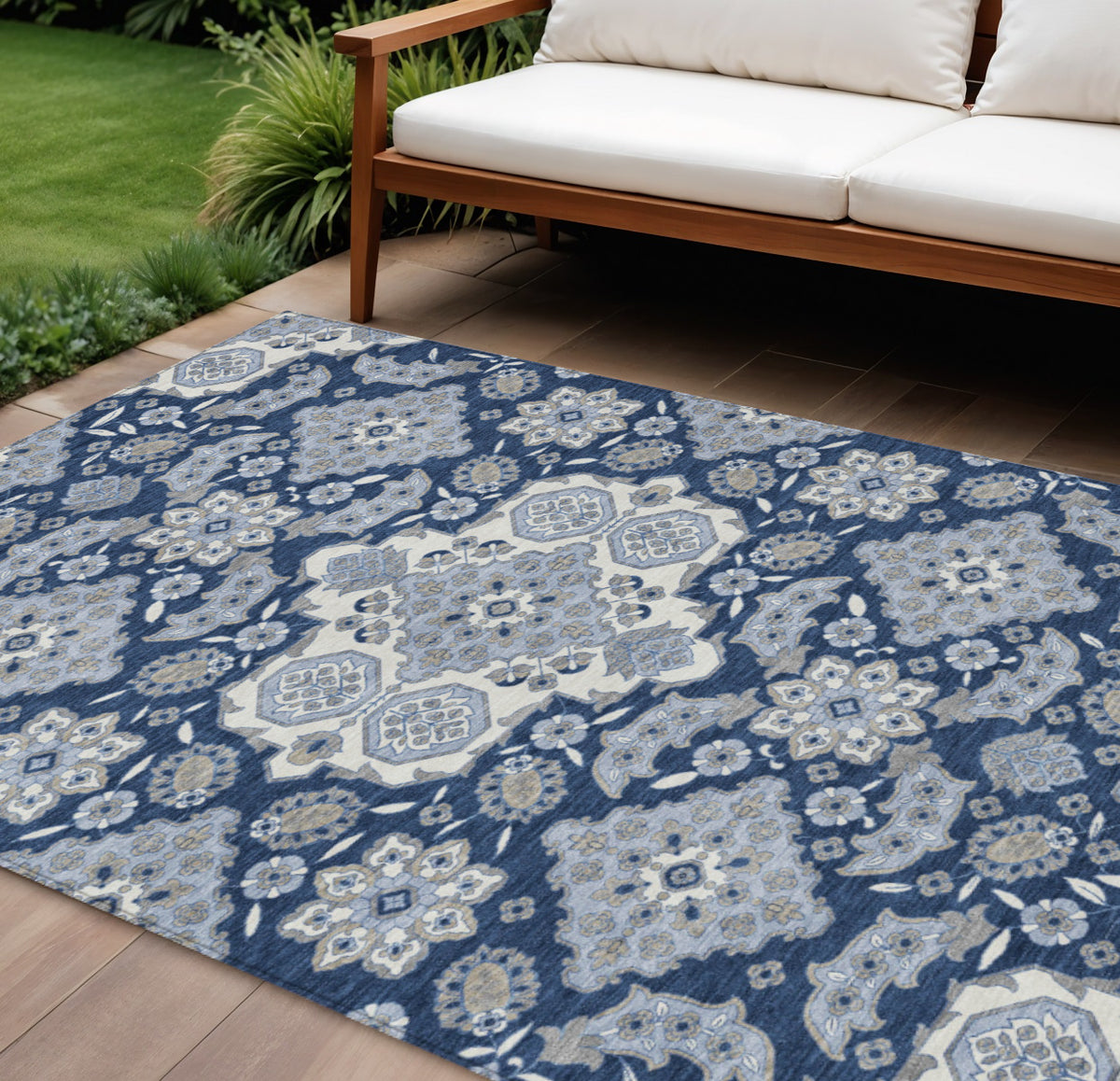 9 X 12 Blue Ivory And Gray Medallion Washable Indoor Outdoor Area Rug