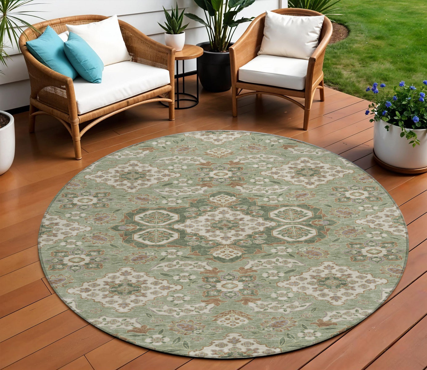 8 Sage Copper And Ivory Round Medallion Washable Indoor Outdoor Area Rug