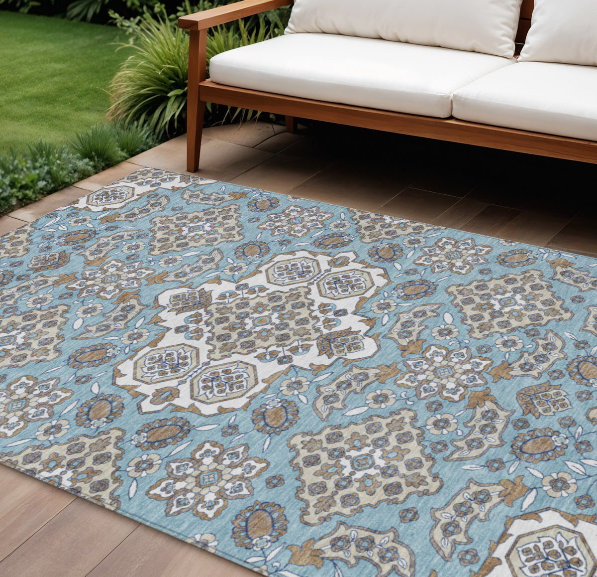 9 X 12 Sky Blue Taupe And Ivory Medallion Washable Indoor Outdoor Area Rug