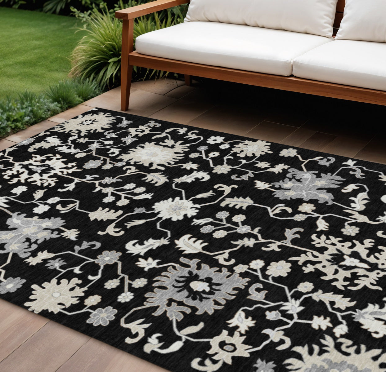 9 X 12 Black Ivory And Gray Floral Washable Indoor Outdoor Area Rug