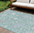 9 X 12 Pale Aqua Ivory And Gray Floral Washable Indoor Outdoor Area Rug