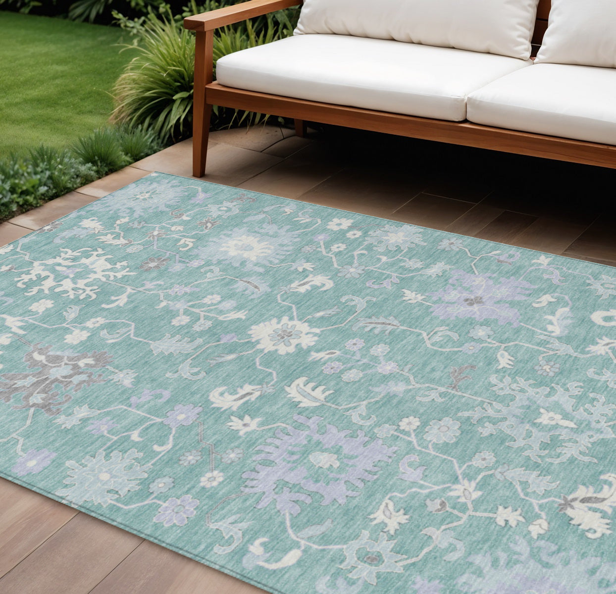 9 X 12 Pale Aqua Ivory And Gray Floral Washable Indoor Outdoor Area Rug