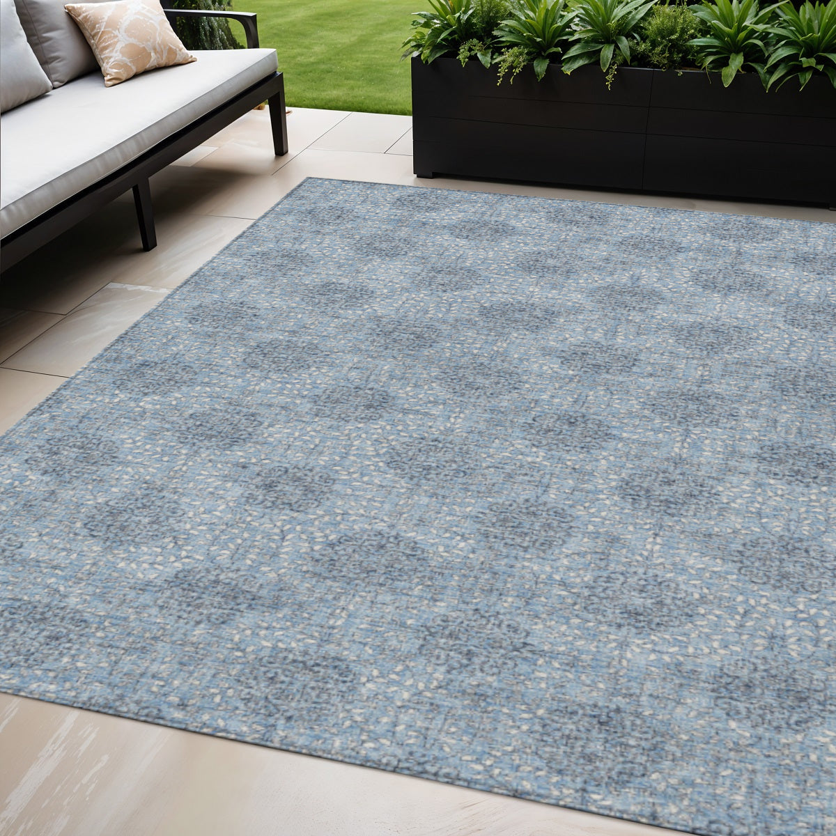 5 X 8 Blue And Ivory Damask Washable Indoor Outdoor Area Rug