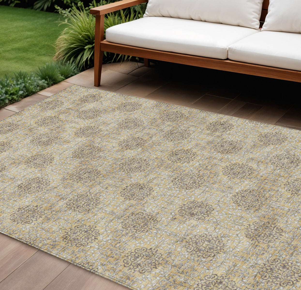 10 X 14 Gold And Taupe Damask Washable Indoor Outdoor Area Rug