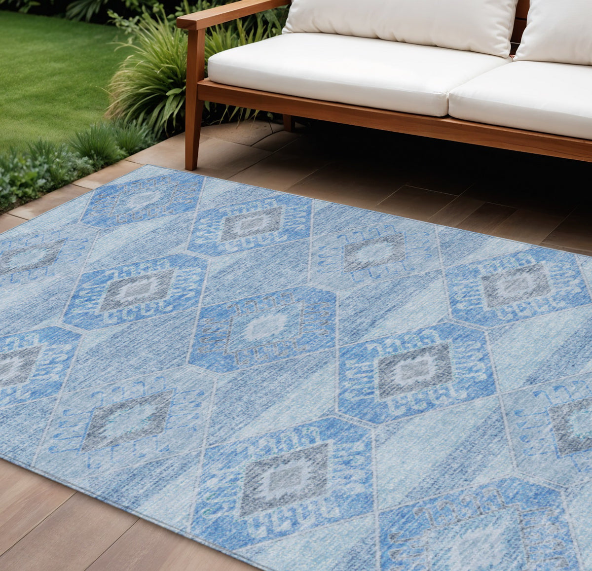 8 X 10 Blue And Gray Aztec Washable Indoor Outdoor Area Rug