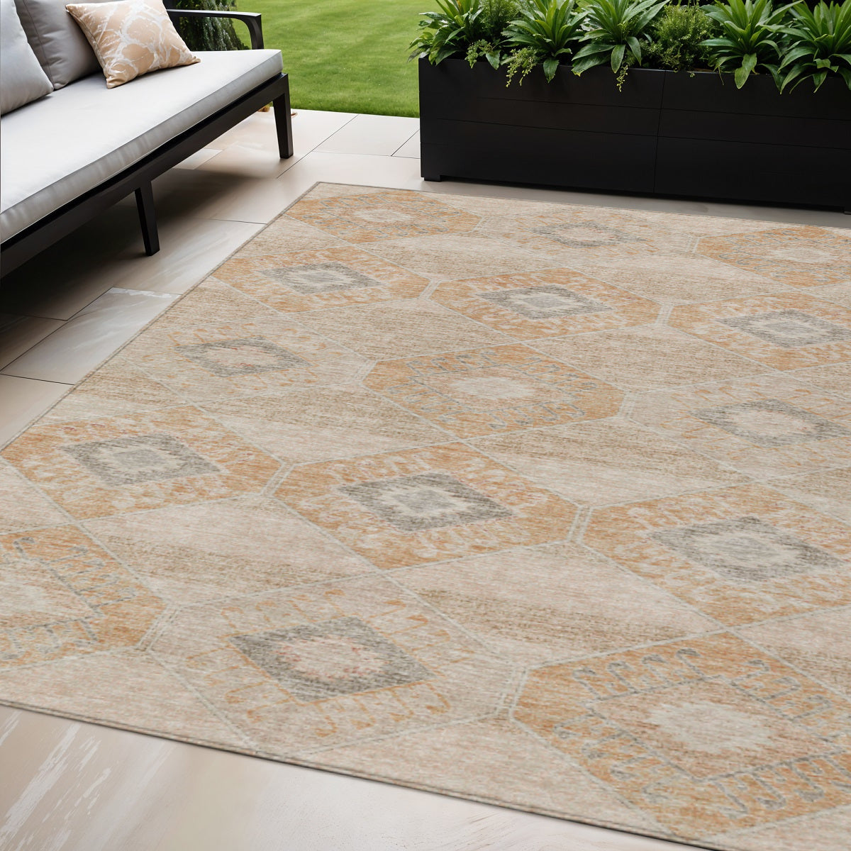 5 X 8 Copper And Gray Aztec Washable Indoor Outdoor Area Rug