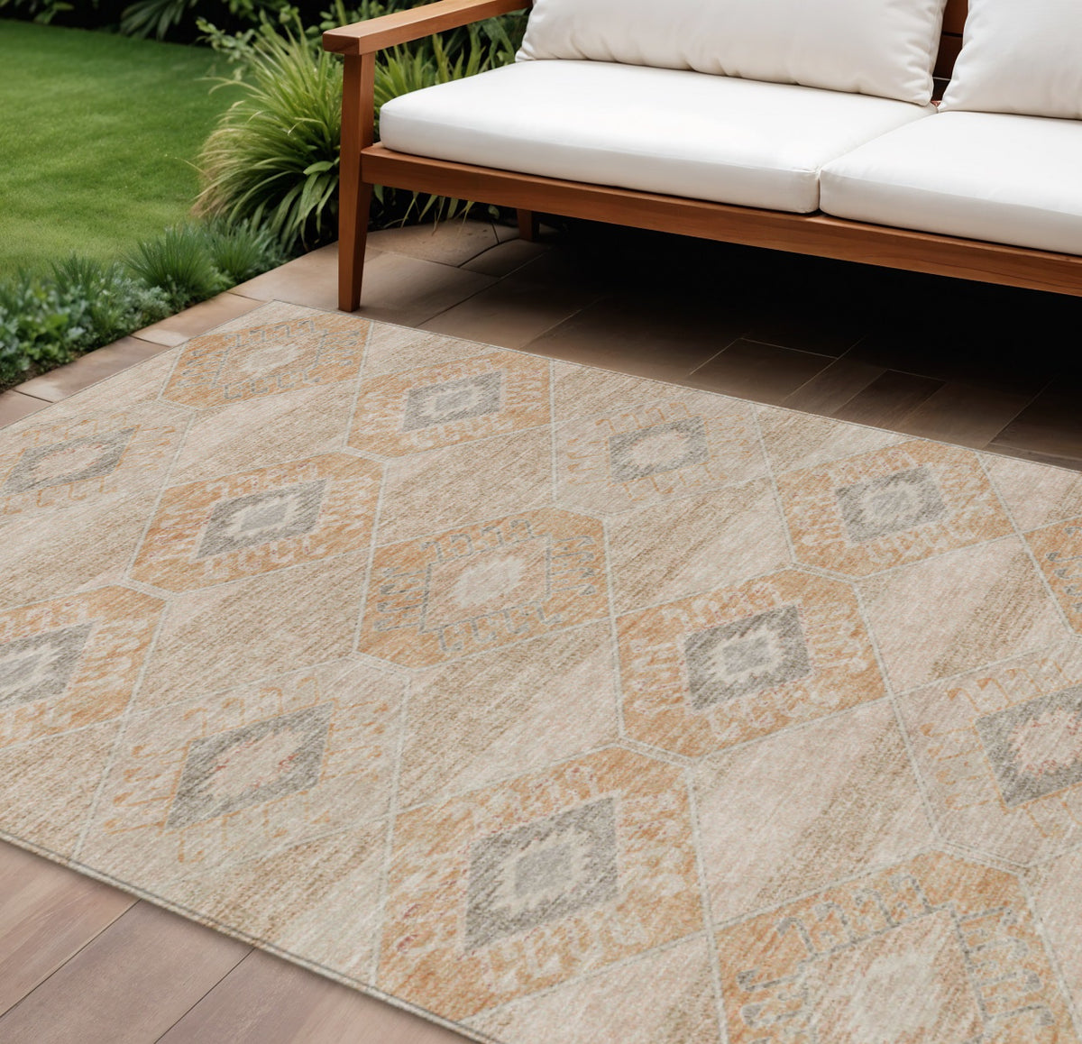 9 X 12 Copper And Gray Aztec Washable Indoor Outdoor Area Rug
