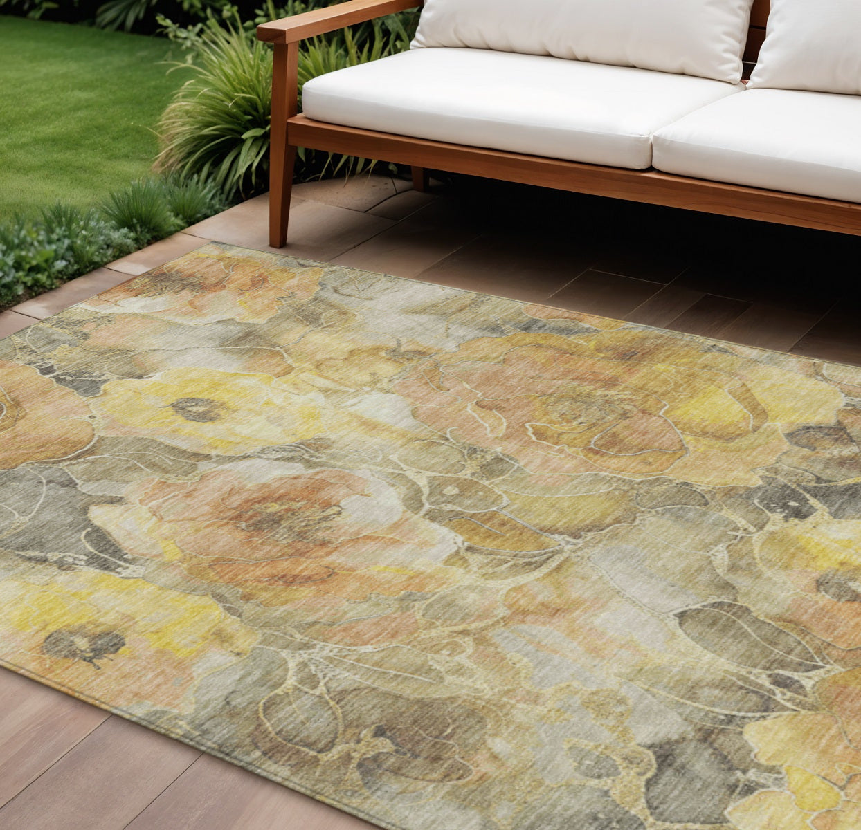 9 X 12 Gold And Gray Floral Washable Indoor Outdoor Area Rug