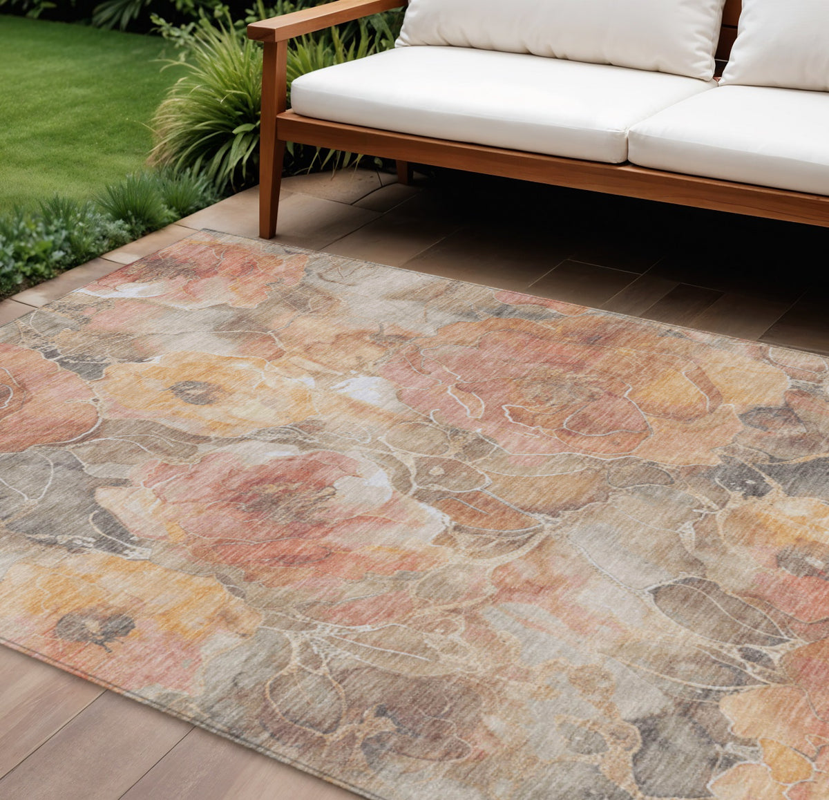 9 X 12 Peach And Gray Floral Washable Indoor Outdoor Area Rug