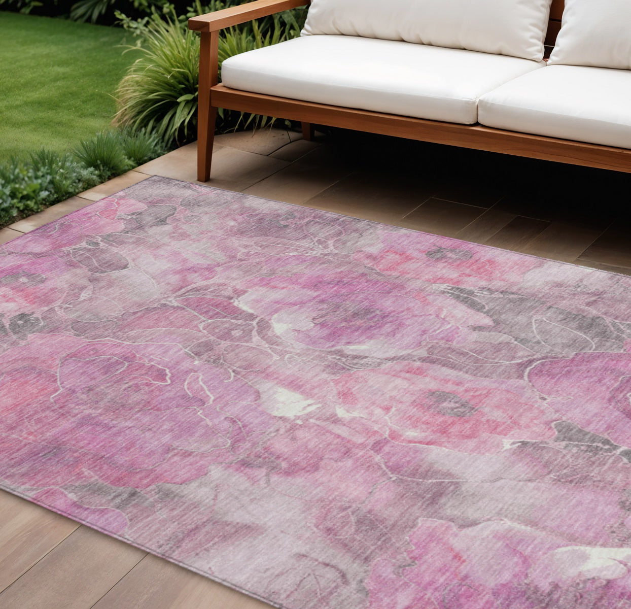 10 X 14 Pink And Gray Floral Washable Indoor Outdoor Area Rug