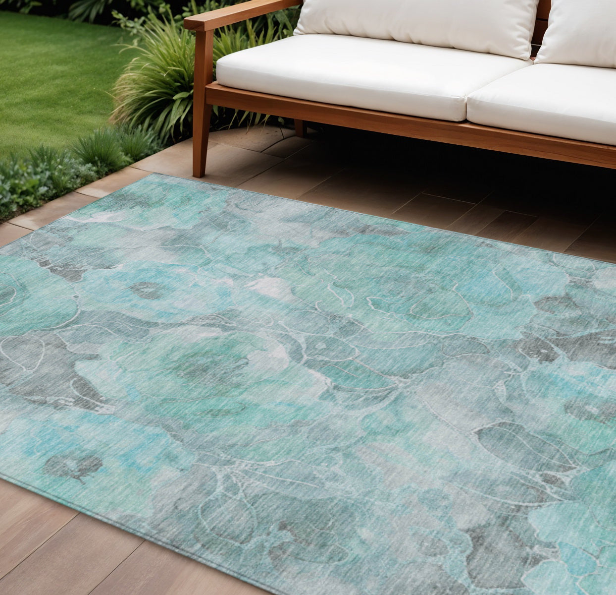 10 X 14 Teal Blue And Gray Floral Washable Indoor Outdoor Area Rug
