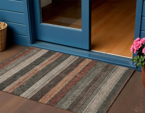 10 X 14 Khaki And Gold Striped Washable Indoor Outdoor Area Rug