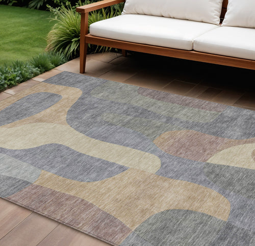 10 X 14 Gray And Gold Abstract Washable Indoor Outdoor Area Rug