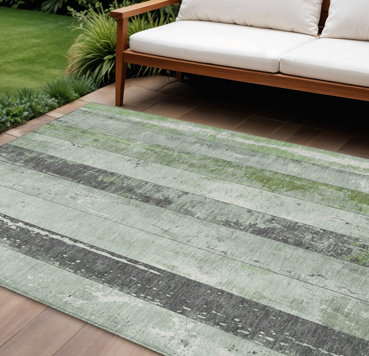 8 X 10 Artichoke Green And Gray Striped Washable Indoor Outdoor Area Rug