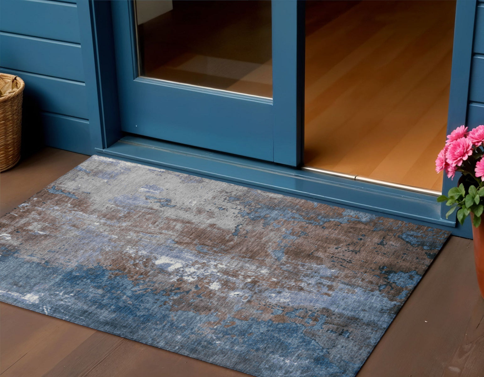 3 X 5 Coffee And Blue Abstract Washable Indoor Outdoor Area Rug