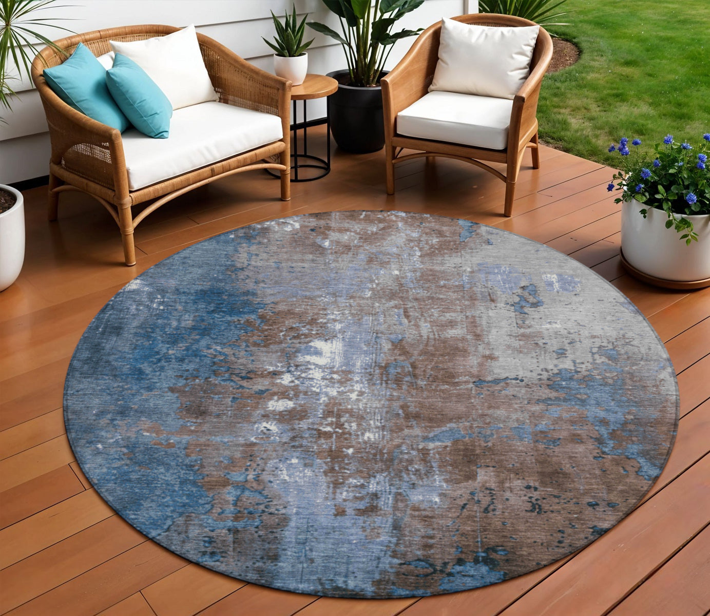 8 Coffee And Blue Round Abstract Washable Indoor Outdoor Area Rug