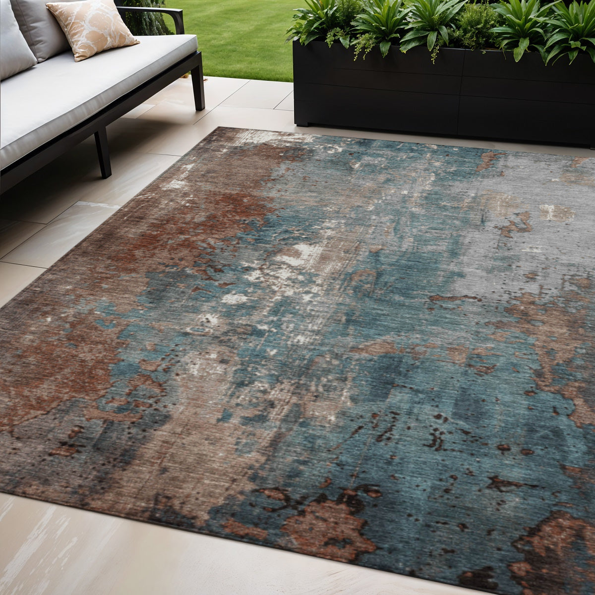 5 X 8 Rust And Teal Blue Abstract Washable Indoor Outdoor Area Rug