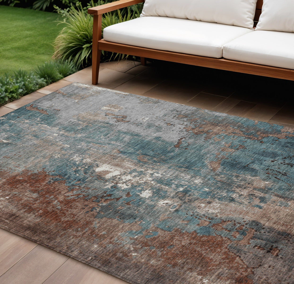 8 X 10 Rust And Teal Blue Abstract Washable Indoor Outdoor Area Rug