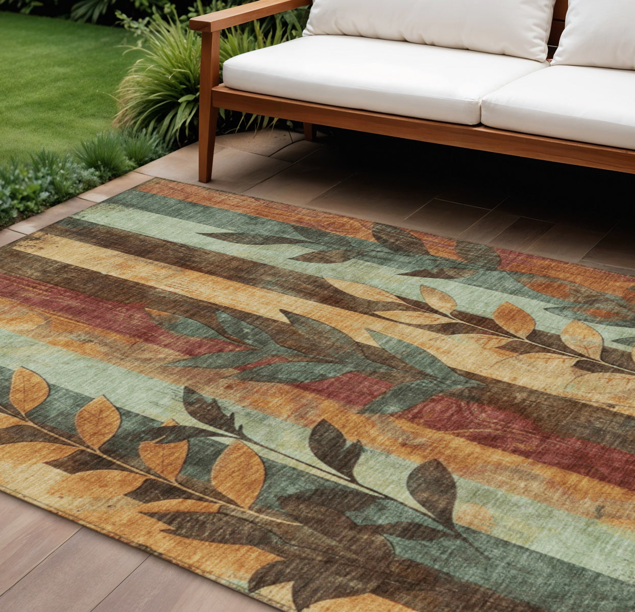 10 X 14 Wheat And Gold Floral Washable Indoor Outdoor Area Rug