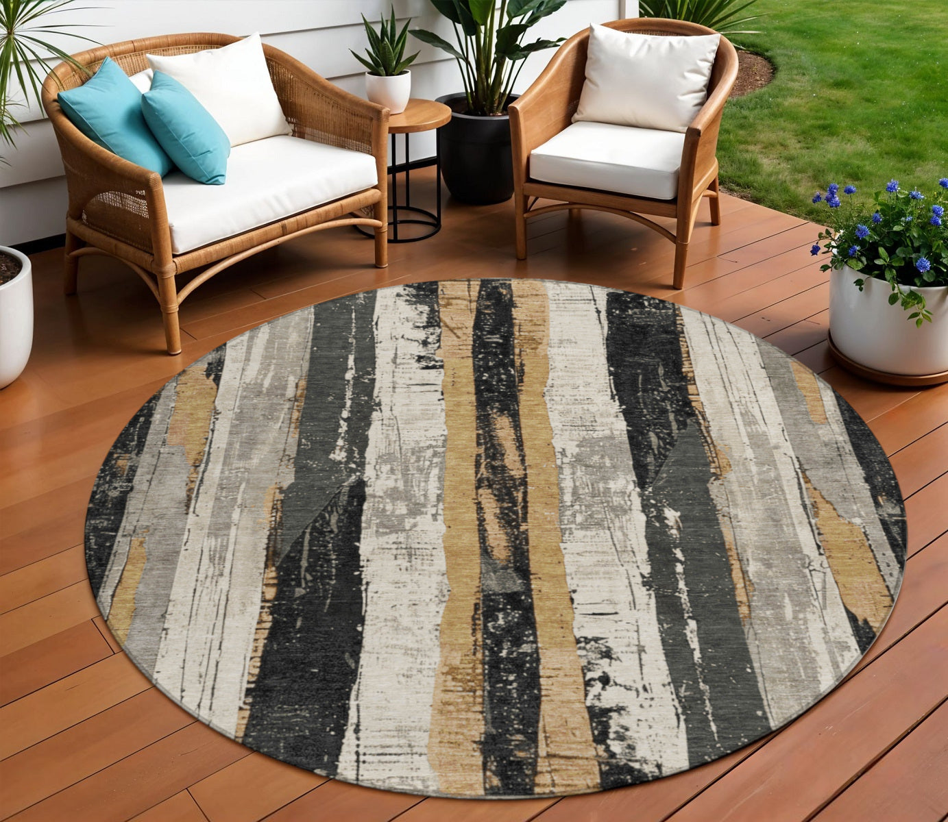 8 Taupe And Gold Round Striped Washable Indoor Outdoor Area Rug