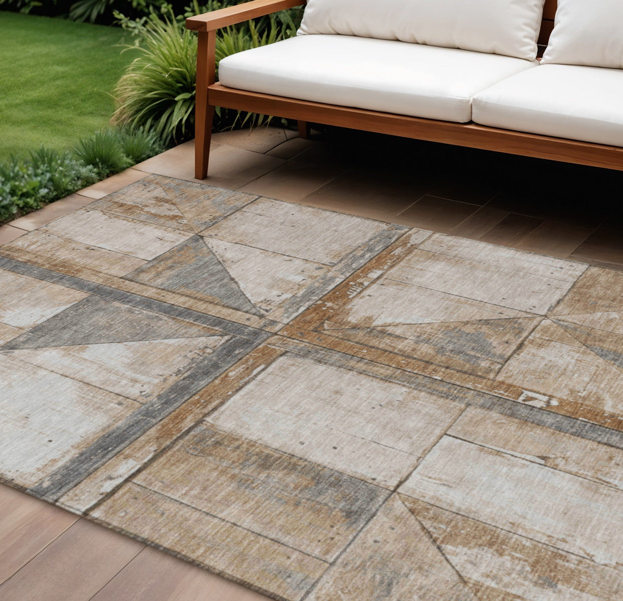 8 X 10 Copper And Gray Geometric Washable Indoor Outdoor Area Rug