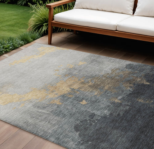 10 X 14 Gold And Charcoal Abstract Washable Indoor Outdoor Area Rug