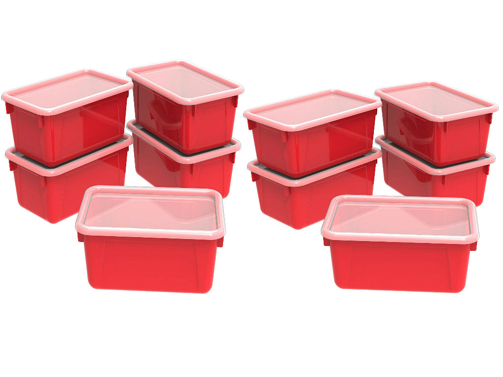 Storex Small Cubby Bin With Cover, Plastic Storage Container Fits Classroom Cubbies, Red, 10 Units