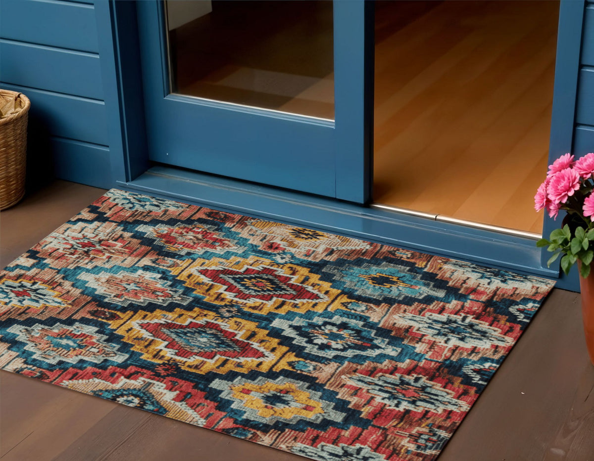 3 X 5 Rust And Blue Aztec Washable Indoor Outdoor Area Rug
