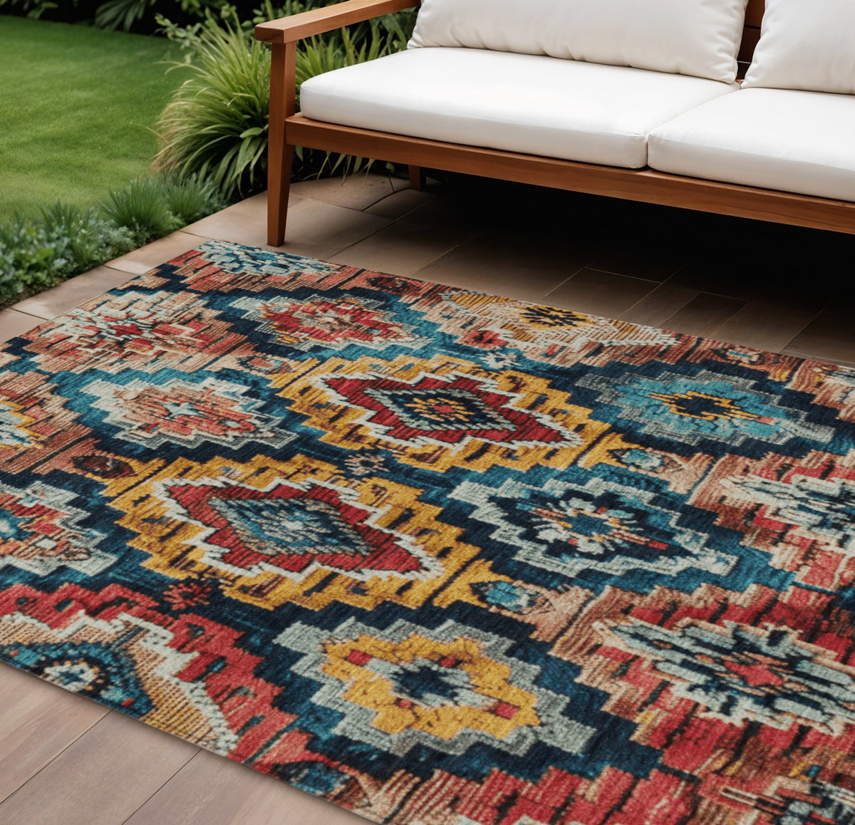 9 X 12 Rust And Blue Aztec Washable Indoor Outdoor Area Rug